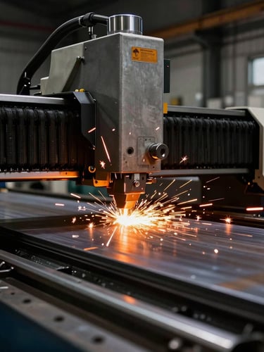 Low-angle heroic profile of a heavy-duty CNC fiber laser cutting machine with bright orange sparks flying from a metal sheet on a dark factory floor, 35mm photography