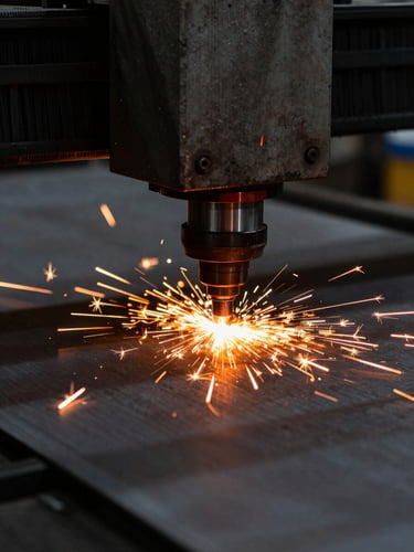 Close-up of a high-precision fiber laser cutting head emitting intense orange sparks as it cuts through a thick steel plate, high-contrast industrial lighting, dramatic workshop background, 35mm photography