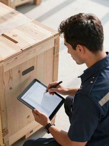 Tight, high-angle shot of a professional uniformed logistics coordinator in Dubai holding a tablet, cross-referencing a digital inventory list next to a securely wrapped wooden shipping crate, bright morning light.