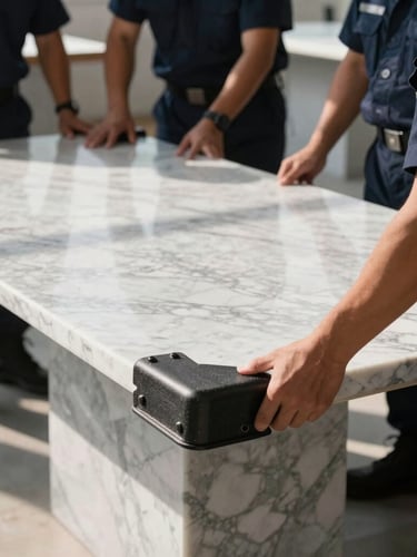 Tight, high-contrast crop of uniformed logistics crew applying heavy-duty protective corner guards and industrial wrapping to a high-value marble table, bright morning sunlight.
