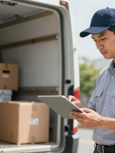 A professional supervisor in a neat uniform holding a tablet, checking off inventory items next to an organized moving truck, bright daylight.