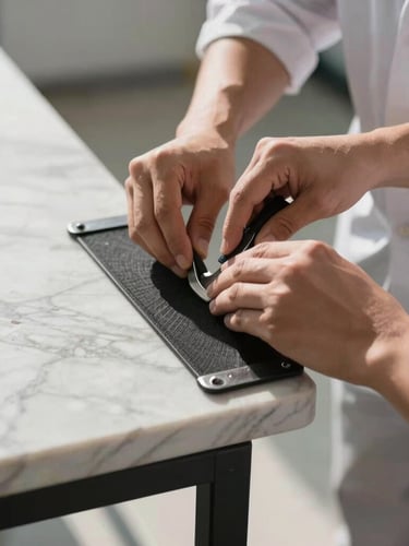 Tight close-up of a professional crew member in a clean uniform applying heavy-duty protective corner guards to a polished marble surface, bright natural morning light, sharp focus on hands.