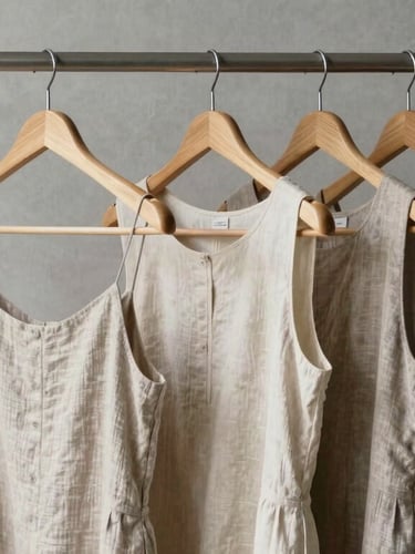 Minimalist wooden hangers holding neutral-toned contemporary linen dresses against a soft gray concrete wall, diffused daylight casting subtle shadows.