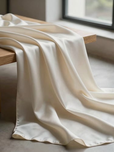 A close-up of heavy silk-crepe fabric draping softly over a minimalist wooden form, bathed in diffused, natural daylight from a studio window.
