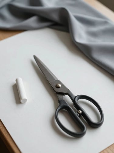 Close-up of a minimalist pattern-drafting table with heavy shears, tailor's chalk, and draped gray silk-crepe fabric under soft, diffused natural daylight.