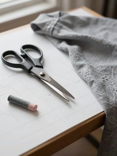 A close-up photograph of a pattern-drafting table with heavy shears, tailor's chalk, and a soft gray linen garment draped over the edge under soft, diffused window light.