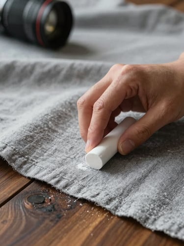 Close-up shot of hands using tailors chalk on heavy gray linen fabric draped over a dark wood table, soft natural side-light, focus on fabric texture.