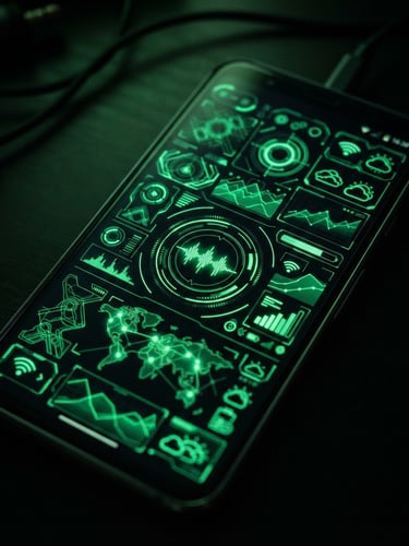 Macro close-up of a physical Android screen showing custom neon green vector widgets, high contrast, low-key lighting, 35mm.