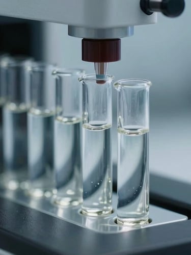 Macro shot of a high-performance liquid chromatography (HPLC) system with glass vials containing clear solutions, clinical laboratory environment, sharp focus, cool lighting.