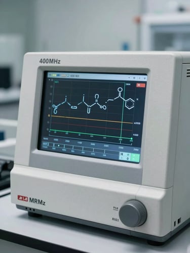 Macro close-up of a modern 400 MHz NMR spectrometer interface showing active chemical analysis graphs, clean laboratory background with cool daylight tones.
