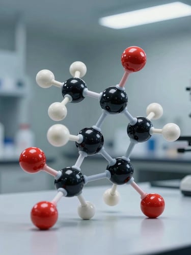 Macro shot of a high-resolution molecular structure model on a clean laboratory desk, cool-toned laboratory light, Ahmedabad R&D environment.