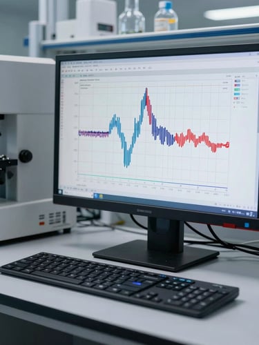 Macro shot of a modern laboratory workstation, clean cool-toned lighting, high-resolution chromatogram displayed on a dual-monitor setup, stainless steel instruments in the background.