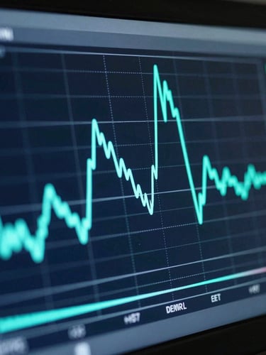 Macro shot of a high-resolution chromatogram on a laboratory screen, cool teal data points glowing against a dark interface background.