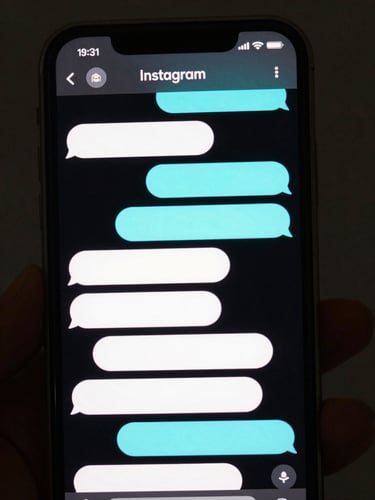 Close-up of a phone screen showing an Instagram DM conversation thread, bot replies in clean bubbles, dark UI, neon cyan read-receipts visible, sharp studio lighting, no faces