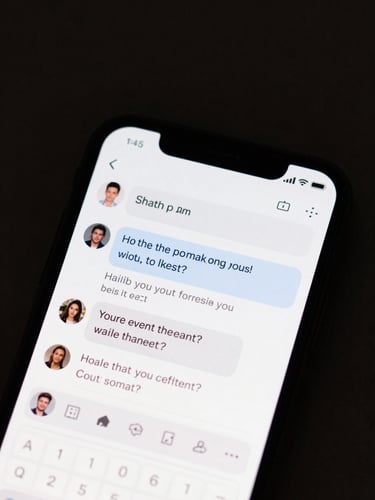 Close-up of a smartphone screen showing an Instagram DM thread with an AI chatbot conversation, qualification questions and a calendar booking confirmation visible, dark interface, sharp focus, studio lighting from above
