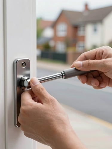 Close-up of a locksmith's hands using precision tools to open a modern door lock without damage, with a blurred background of a residential street.