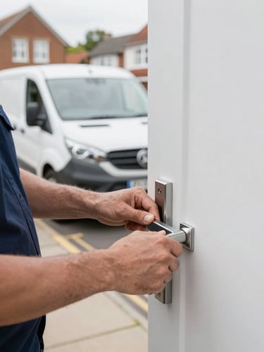 Professional locksmith in branded uniform, hands working on a modern door lock, service van visible in the background on a typical UK residential street, natural daylight.