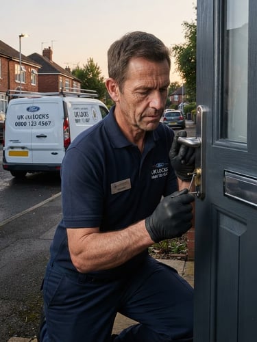 Professional locksmith in branded uniform unlocking a modern front door, focus on hands and tools, with a branded service van parked on a clean UK street at dusk.