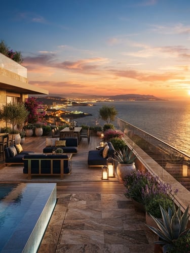 Wide panoramic view of a luxury penthouse terrace in Malabata Hills, Tangier, overlooking the sparkling Mediterranean Sea at sunset, golden-hour light reflecting on glass railings, warm architectural details, 35mm.