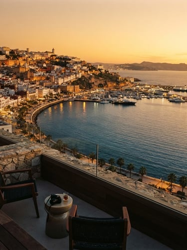 Wide-angle architectural editorial photograph of the Bay of Tangier at golden hour, deep blue Mediterranean sea reflecting warm light, luxury terrace edge visible, 35mm