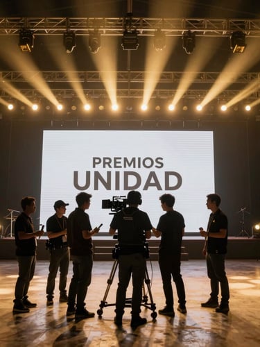 Plano general de la producción del escenario principal de los Premios Unidad, luces doradas intensas y siluetas del equipo técnico.