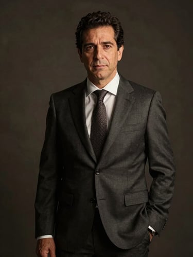 Retrato cinematográfico de Joseph Albán Vintimilla, iluminación lateral dramática con tonos cálidos, fondo de estudio oscuro, actitud ejecutiva y seria.