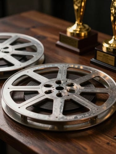 Close-up of physical film reels and brass awards on a dark wooden desk, dramatic side lighting, warm golden tones, high contrast portrait framing