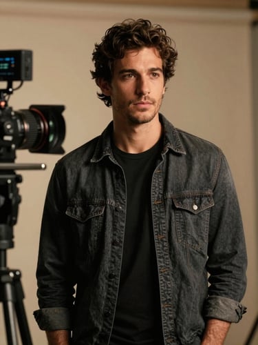 Retrato en plano medio de Joseph Albán en un set de filmación con iluminación de contraste dramático y tonos cálidos de fondo.