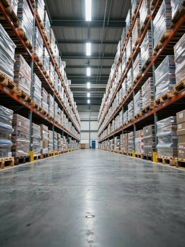 Interior of a large logistics warehouse photographed from a low-angle wide shot, floor-level perspective looking down a long aisle of racked pallets under cool industrial lighting, the scale of the facility visible in the converging lines, no workers present, overcast clarity