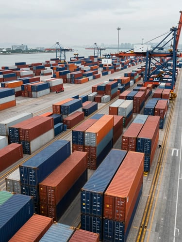 Wide aerial view of a busy container port at overcast daylight, stacked intermodal containers in deep navy and orange arranged in precise rows, crane arm visible at right edge, expansive quayside infrastructure, slight overhead angle showing operational scale