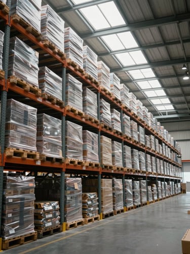 Interior of a large distribution warehouse photographed from a medium-wide angle, rows of racked pallets receding under industrial lighting, overcast daylight entering from high clerestory windows, no people, emphasising scale and systematic organisation