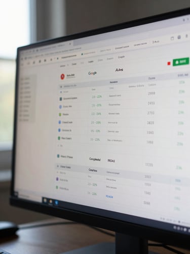 Close-up of a Google Ads campaign dashboard on a wide monitor, natural window light falling across the screen from the left, performance metrics and ROAS columns clearly visible, shallow depth of field, no hands in frame