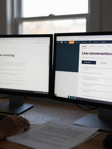 Wide close-up of two side-by-side browser windows on a desk, left showing a sparse low-converting landing page and right showing a redesigned version with clear conversion structure, natural window light from above, strategy annotations visible on a printed sheet beside the monitor