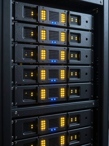 Close-up of neatly organized server racks with glowing yellow LED indicators, high-contrast dark tech aesthetic, sharp industrial photography, 35mm lens