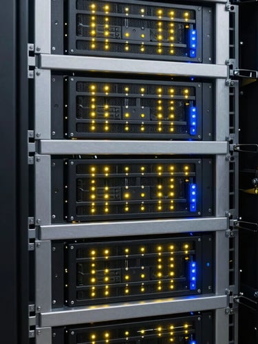 Sharp industrial photography of neatly organized server racks with glowing yellow LED indicators, clean metallic surfaces, high-contrast dark tech aesthetic, 35mm lens.