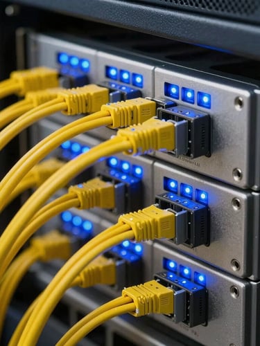 Macro close-up of a high-end server rack with neatly organized yellow fiber optic cables, glowing blue LED indicators, clean metallic surfaces, high contrast technical photography