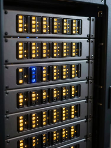 Macro shot of organized server rack with glowing yellow LED indicators, clean metallic surfaces, sharp industrial photography, 35mm lens