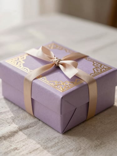A beautifully arranged Islamic gift box on textured linen, soft diffused natural daylight, gold foil details catching the light
