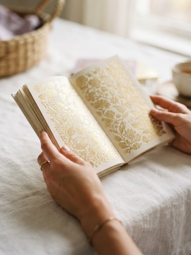 Hands holding an elegant gold-foiled guidebook on textured white linen, soft morning light, shallow depth of field