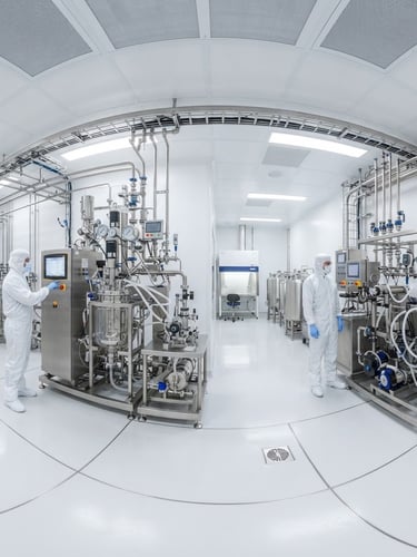 Wide panoramic view of a sterile cleanroom environment with advanced bioprocessing equipment, bright clinical white lighting, sharp focus, orthographic perspective, 50mm lens.