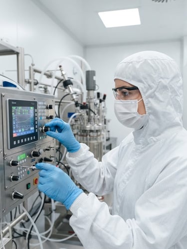 Close-up of a calibration engineer in a sterile white cleanroom adjusting a high-precision bioreactor control panel, bright clinical light, sharp focus