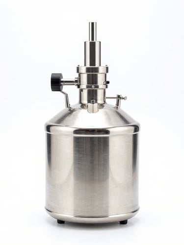 Orthographic studio shot of a high-precision stainless steel bioreactor, bright high-key clinical white light, clean shadows, sterile silver tones, sharp focus.