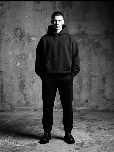 Model standing in a concrete studio wearing a heavyweight black hoodie, sharp shadows emphasizing the boxy drape, 35mm lens