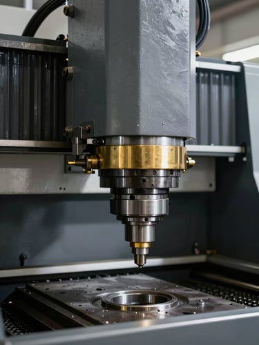 Architectural high-contrast close-up of a heavy industrial CNC milling machine, sharp daylight, cool slate gray tones with warm brass highlights
