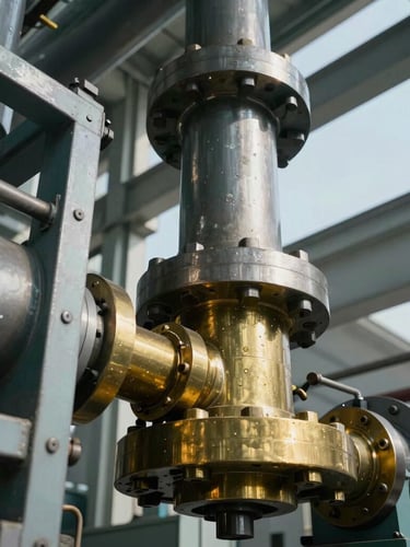 Heroic low-angle shot of heavy industrial manufacturing equipment, steel and brass components, sharp natural daylight, architectural composition.