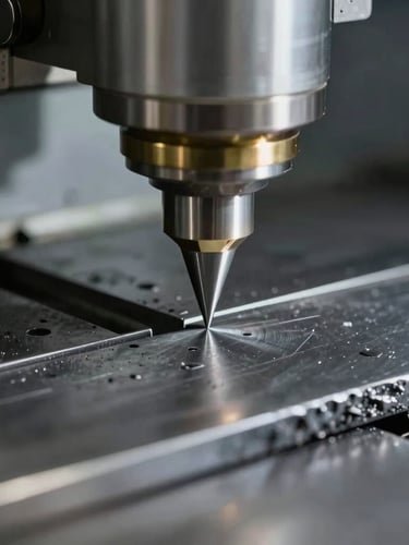 Macro close-up of a precision CNC lathe cutting steel, sharp focus, natural high-contrast architectural lighting, cool slate gray tones