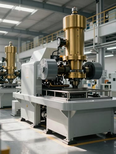 Wide-angle architectural crop of heavy automated machinery in a clean modern manufacturing facility, sharp natural daylight, desaturated cool tones