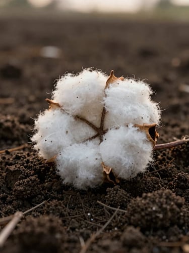 Macro photograph of rich dark organic soil with raw cotton fibers resting on top, soft golden hour lighting, tactile earth textures