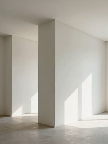 Straight-on architectural photograph of a perfectly finished modern interior, crisp drywall joints, sharp geometric lines, bright natural daylight, clean minimalist space.