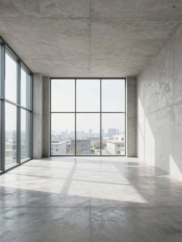 Straight-on architectural view of a clean, finished modern office interior, minimalist concrete walls, flawless floor transitions, bright natural daylight from large windows.